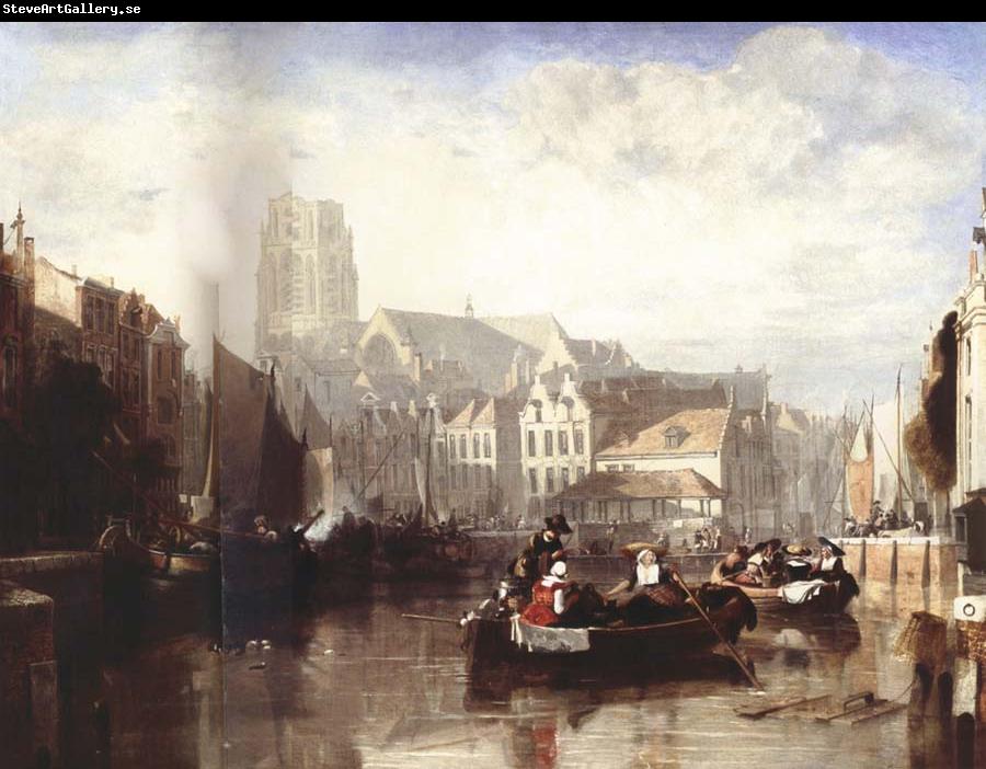 Sir Augustus Wall Callcott View of the Grote Kerk,Rotterdam,with Figures and Boats in the Foreground